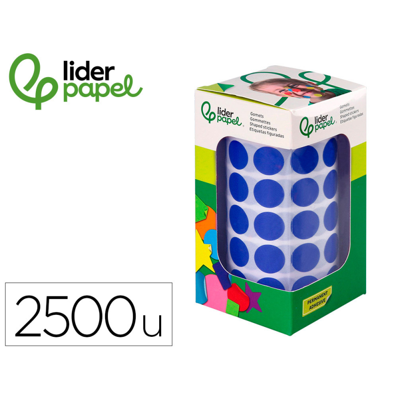 Gomets liderpapel autoadhesivo circulos 15 mm azul rollo de 2500 unidades en caja de carton