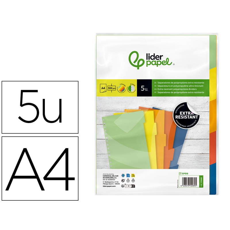 Separador liderpapel polipropileno juego de 5 separadores a4 multitaladro 500 micras