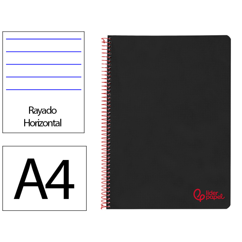 Cuaderno espiral liderpapel a4 wonder tapa plastico 80h 90gr rayado horizontal con margen color negro
