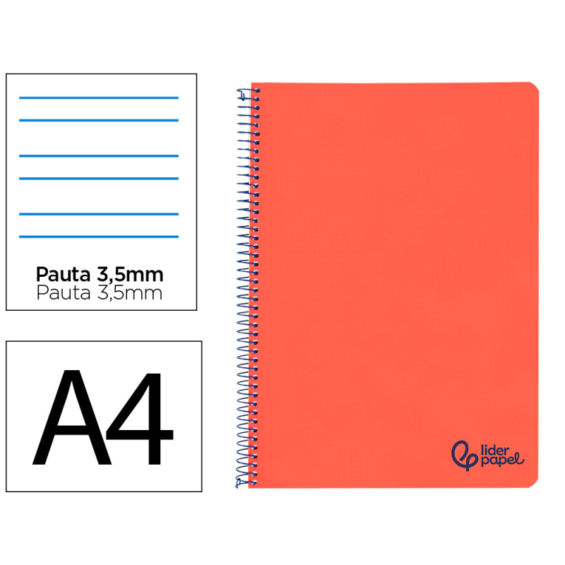Cuaderno espiral liderpapel a4 wonder tapa plastico 80h 90gr pauta ancha 3,5mm con margen color rojo
