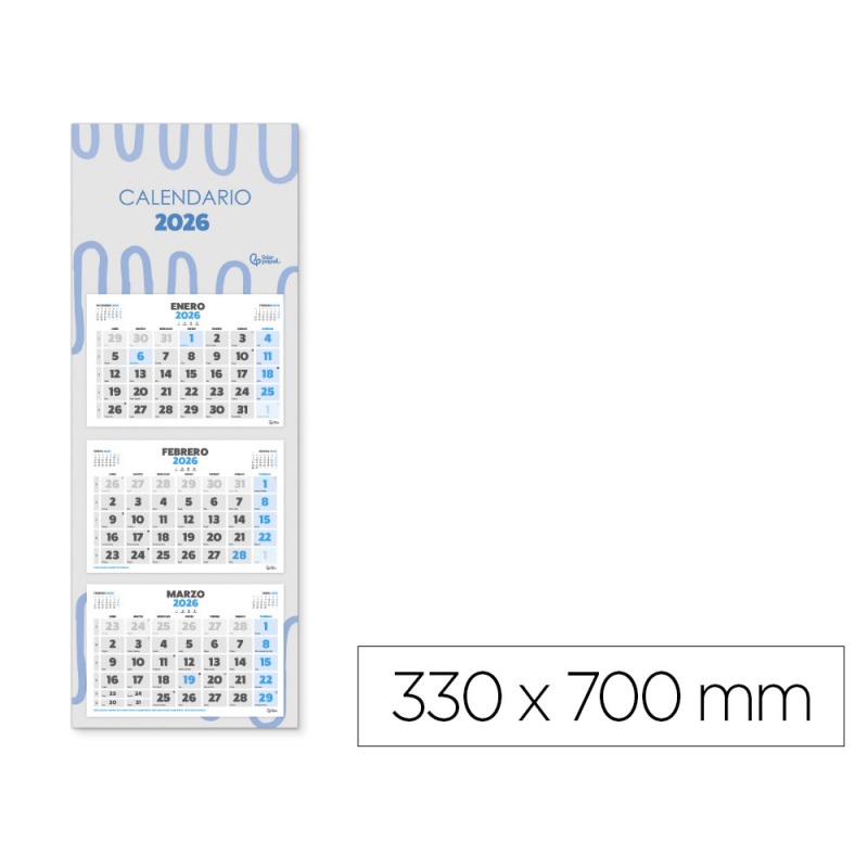Calendario pared liderpapel 3 meses vistas 2026 plegable 33x70 cm papel 90 gr