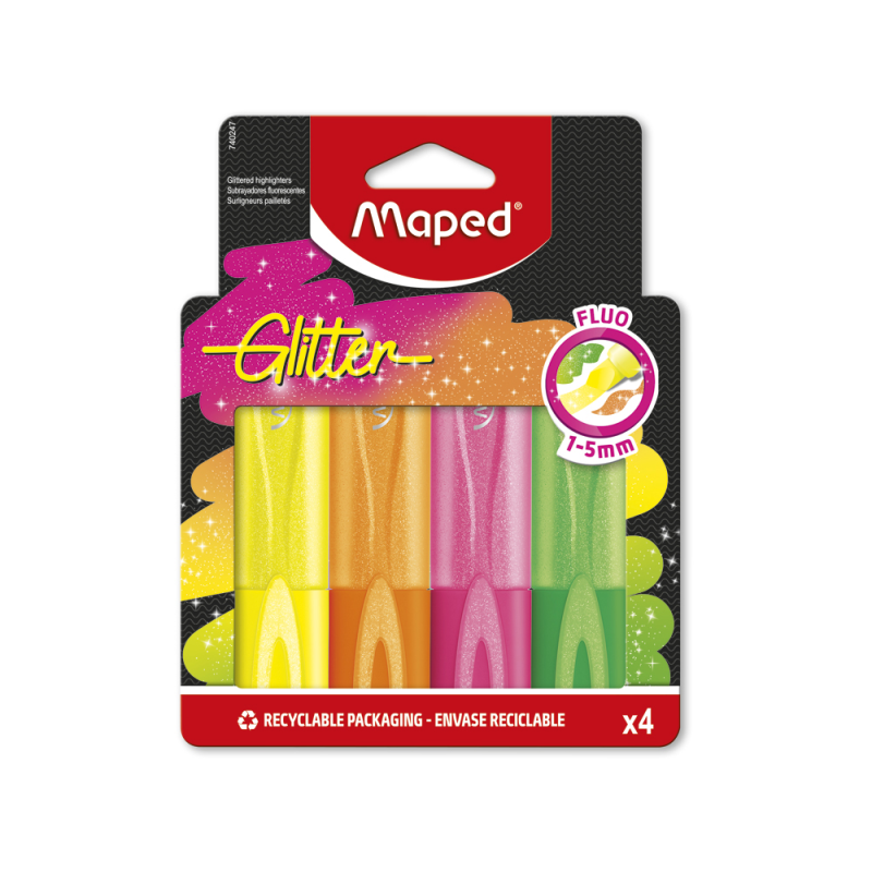 Rotulador maped fluorescente glitter blister de 4 unidades colores surtidos