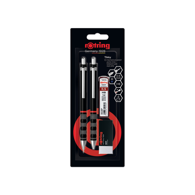 Set portaminas rotring tikky 0,5 mm color negro + boligrafo punta m + goma de borrar b20 + 12 minas hb