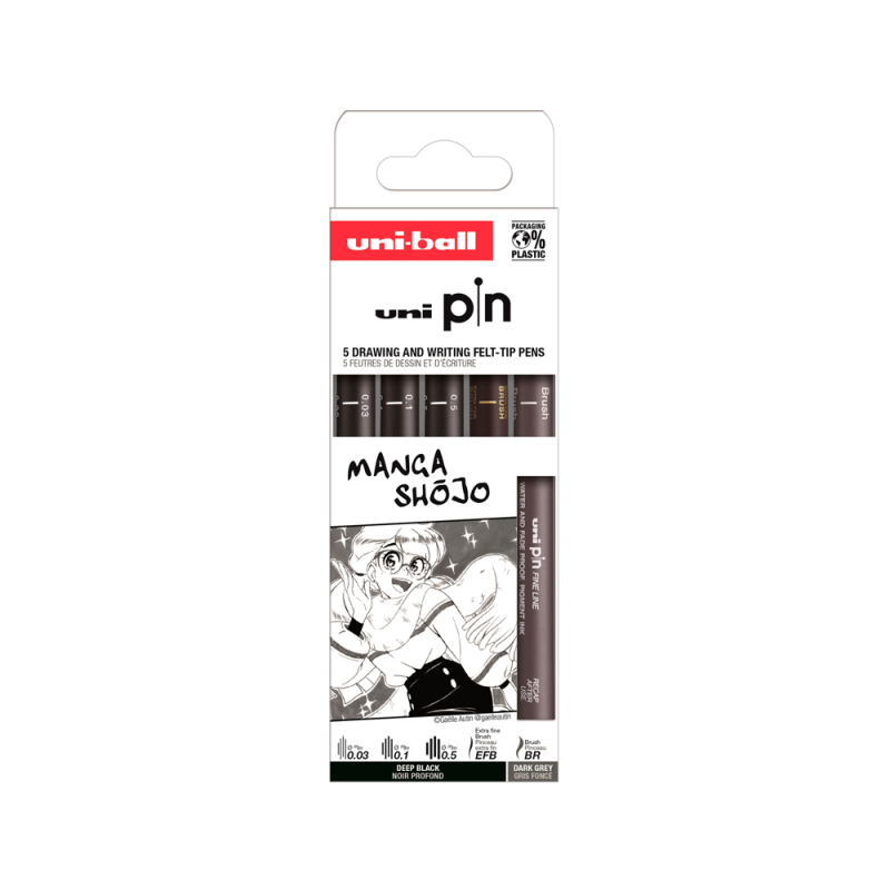 Rotulador uniball pin manga shojo color negro blister de 5 unidades