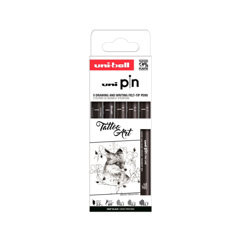 Rotulador uniball pin tattoo art color negro blister de 5 unidades