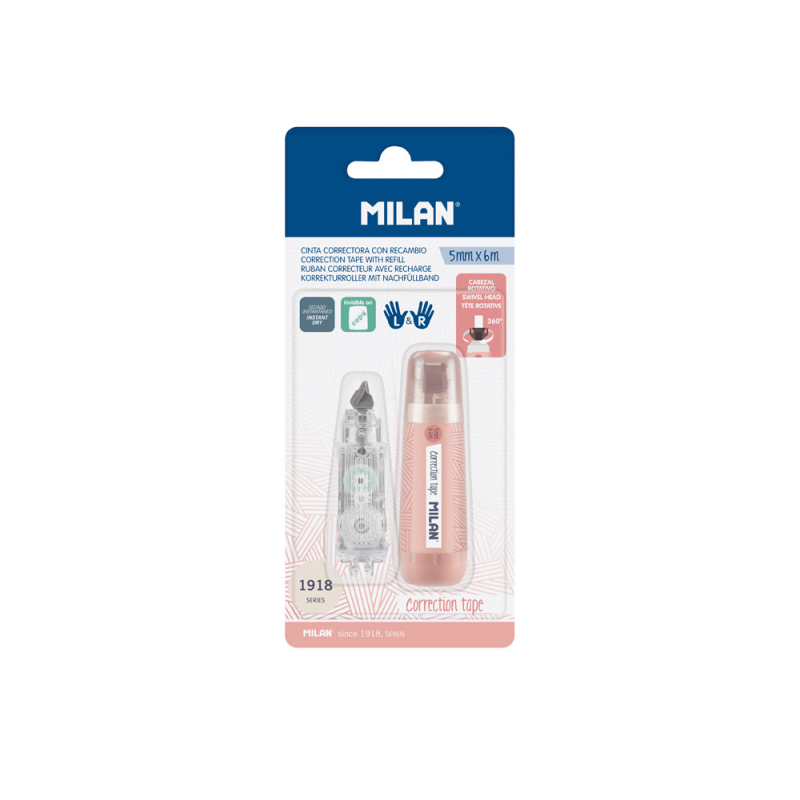 Cinta correctora milan 5 mm x 6 m coleccion 430 since 1918 rosa blister de 1 unidad + 1 recambio