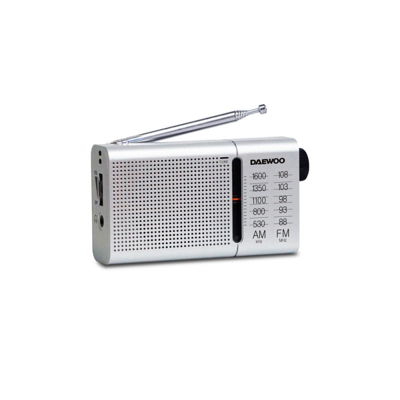 Radio portatil daewoo am/fm antena telescopica auriculares incluidos jack 3.5 mm color plata