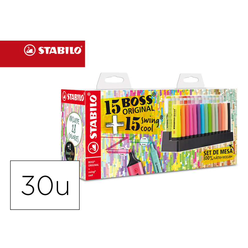 Rotulador stabilo fluorescente set de mesa 15 unidades boss 70 + 15 unidades swing cool colores surtidos