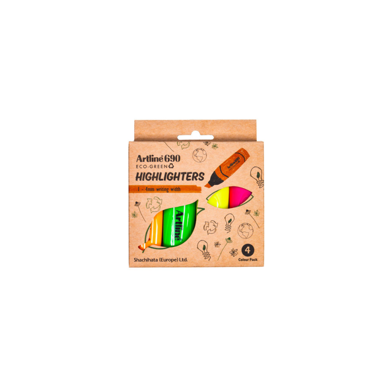 Rotulador artline fluorescente ek-690 eco green punta biselada blister con 4 unidades colores surtidos