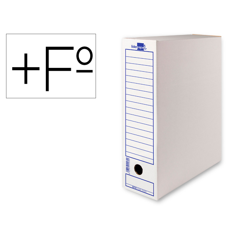 Caja archivo definitivo liderpapel folio prolongado carton reciclado 400g/m2 lomo 116 mm blanco 388x116x275 mm