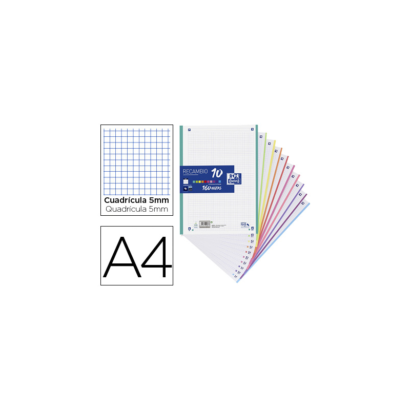Recambio color oxford a4 160 hojas optik paper+ cuadro 5 mm 4 taladros banda 10 colores