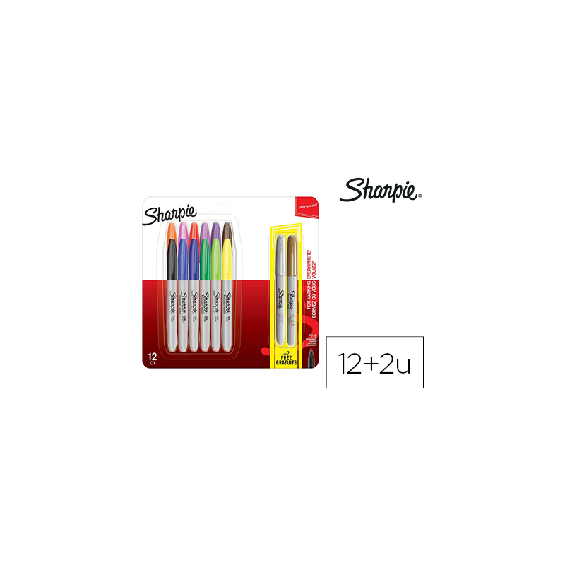 Rotulador sharpie permanente punta fina blister de 12 unidades colores surtidos + 2 unidades color