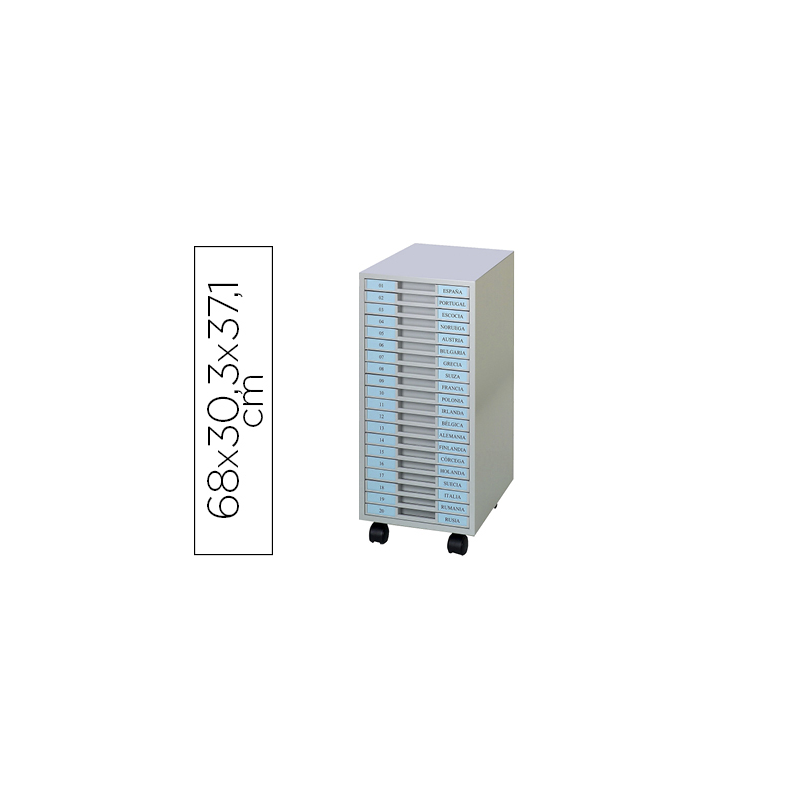 Archivador metalico clen 20 bandejas plastico de 2,5 cm de altura con ruedas color gris claro 680x303x371 mm