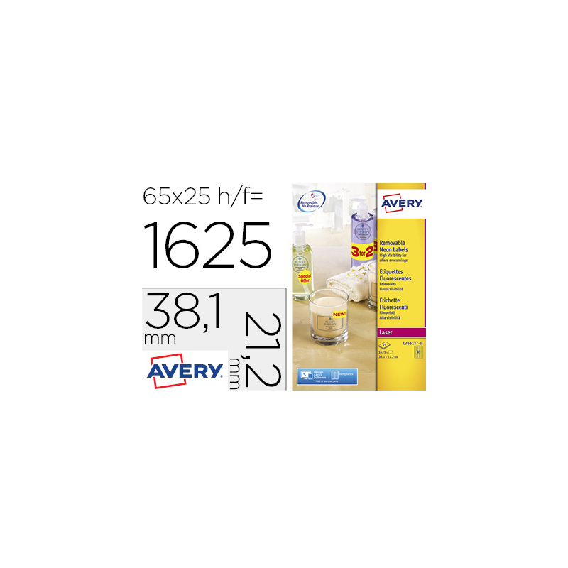 Etiqueta adhesiva avery tamaño 38,1x21,2 mm removible amarillo fluorescente caja de 1625 unidades
