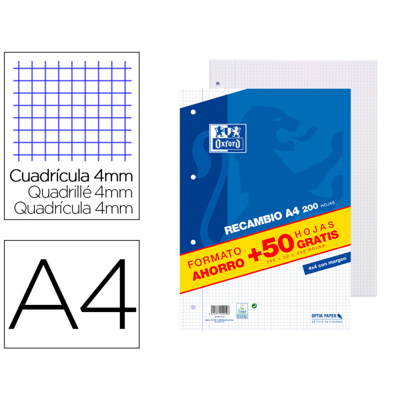 Recambio oxford a4 200 + 50 hojas gratis cuadro 4 mm con margen