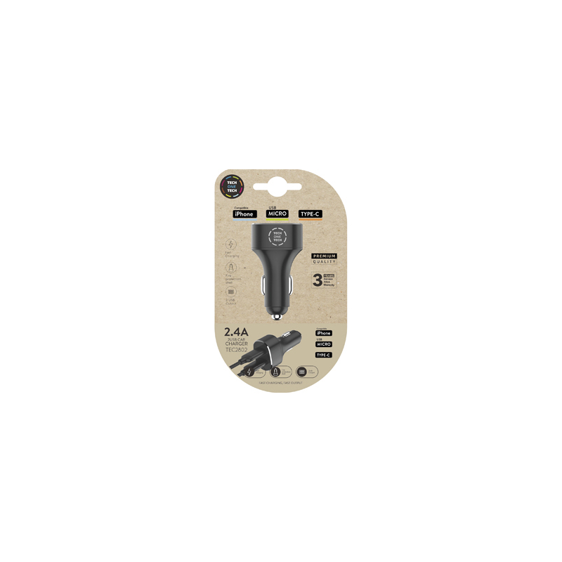 Cargador tech one tech 2.4 coche mechero doble para iphone / usb micro / type-c color negro