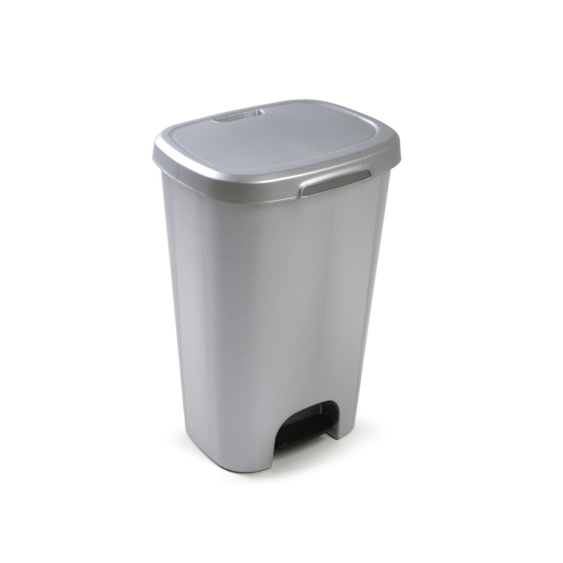 Papelera contenedor plasticforte plastico con tapadera y pedal 50 litros color plata 410x360x635 mm