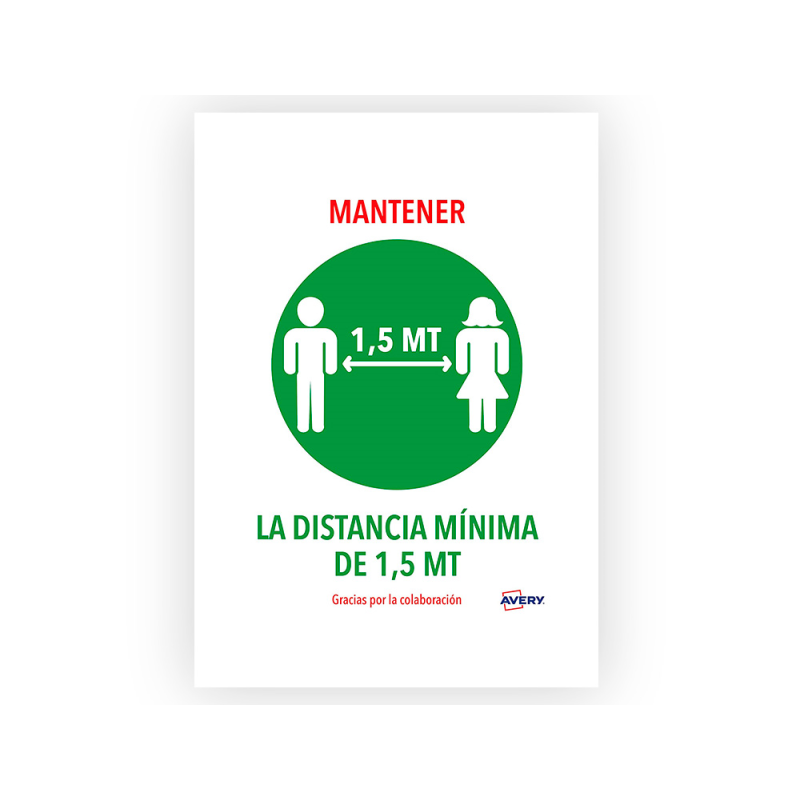 Señal adhesiva avery mantener distancia minina de 1,5 mt din a4 resistente a los rayos uv pack de 2 unidades