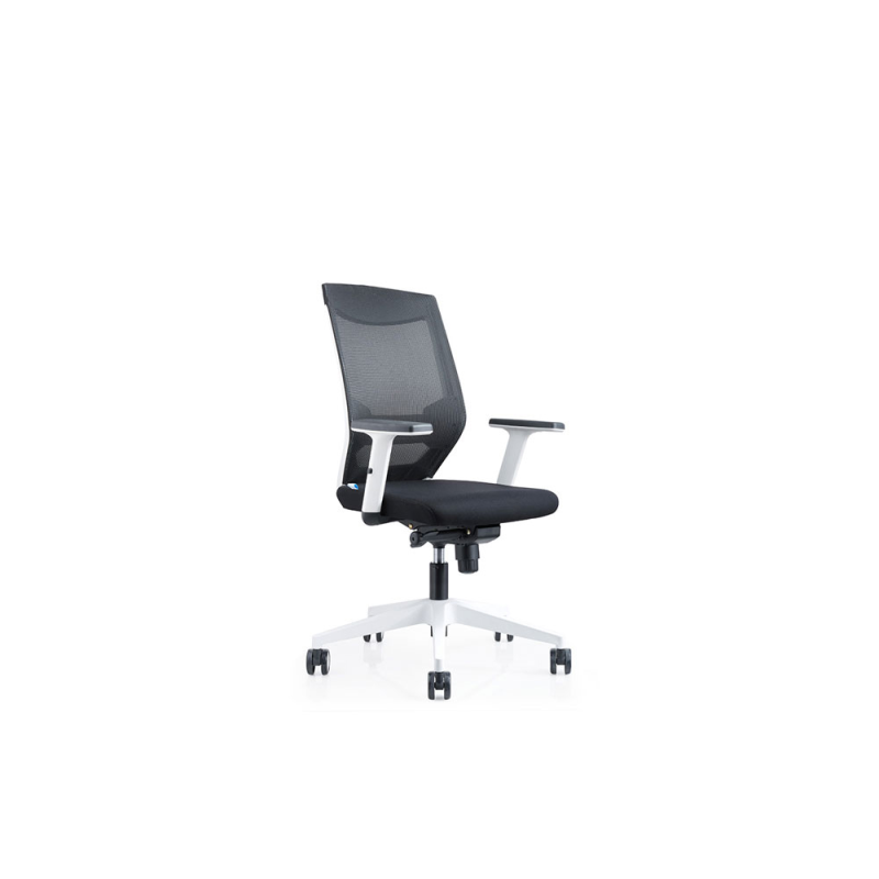 Silla rocada de oficina con brazos regulables y respaldo malla negro tapizada en tela ignifuga negro color blanco