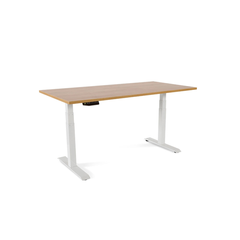 Mesa rocada regulable en altura electricamente hasta 129 cm estructura de acero tablero 160 cm color roble