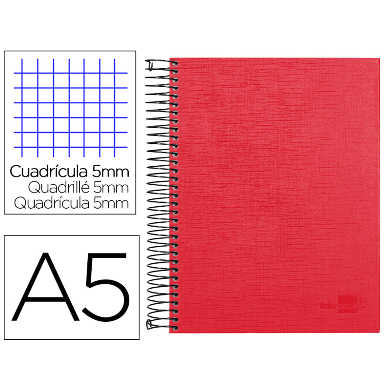 Cuaderno espiral liderpapel a5 micro papercoat tapa forrada 140h 75gr cuadro5mm 5 banda s 6 taladros rojo