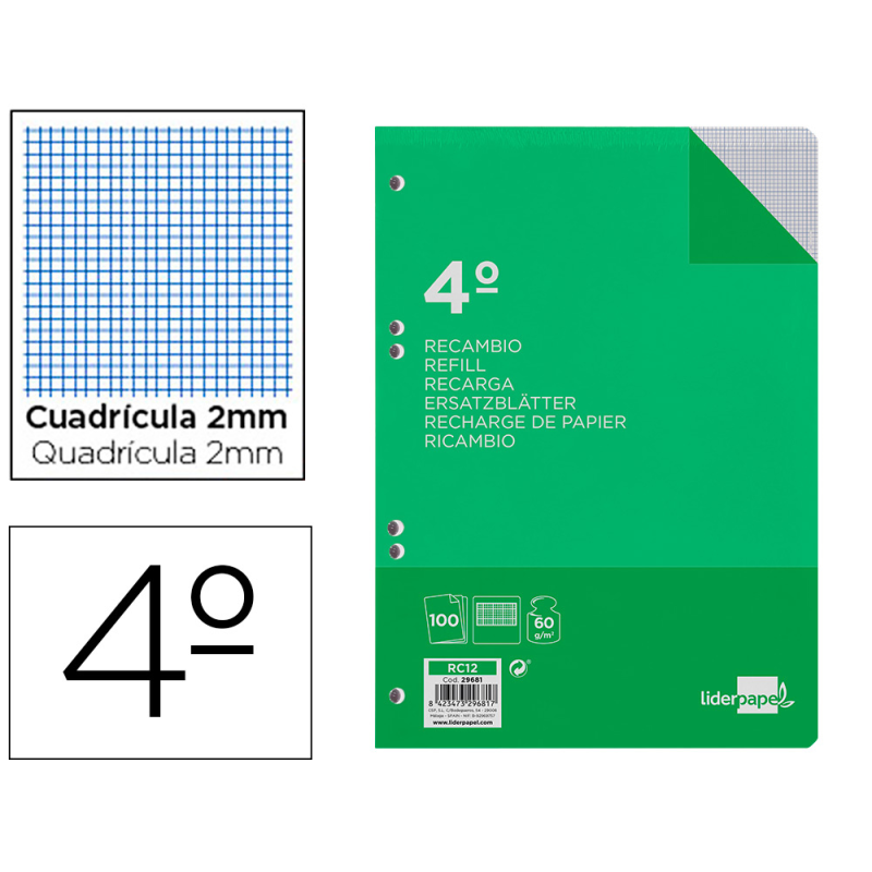 Recambio liderpapel cuarto 100 hojas 60gr milimetrado sin margen 6 taladros