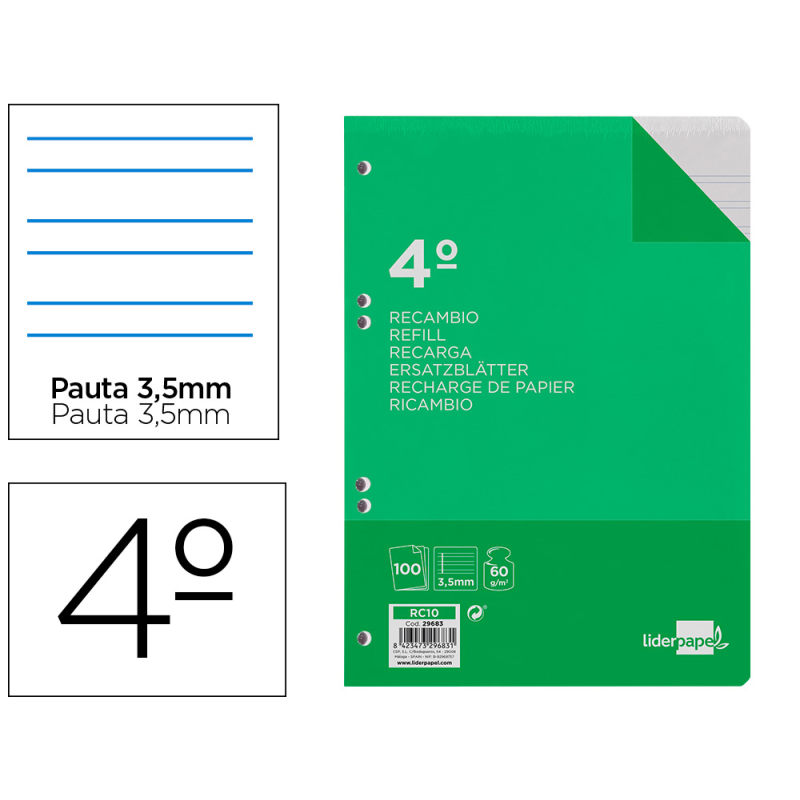 Recambio liderpapel cuarto 100 hojas 60gr pauta 4ª 3.5mm con margen 6 taladros