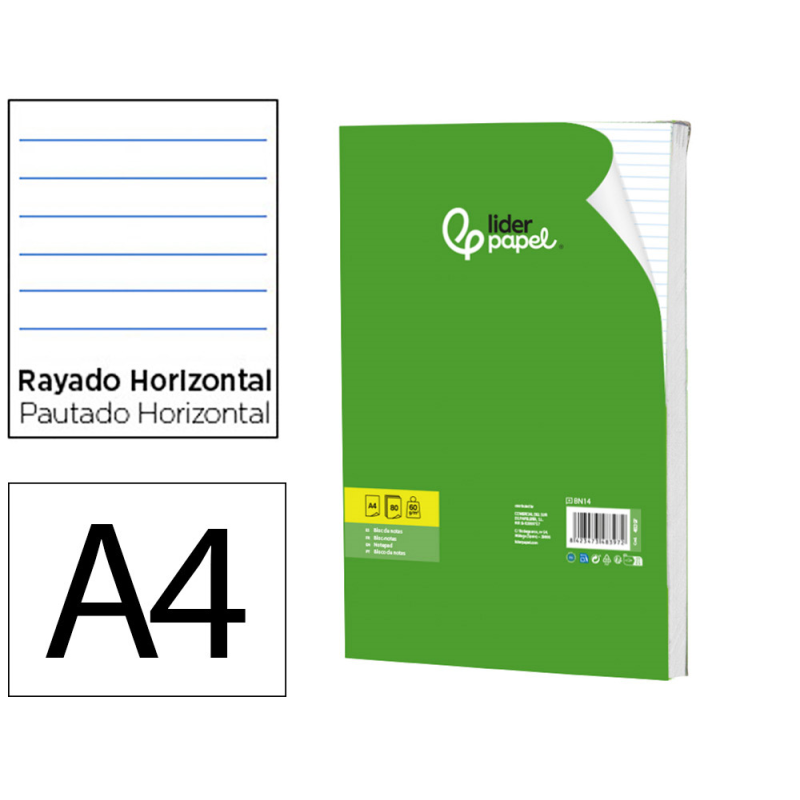 Bloc notas liderpapel horizontal a4 80 hojas 60g/m2