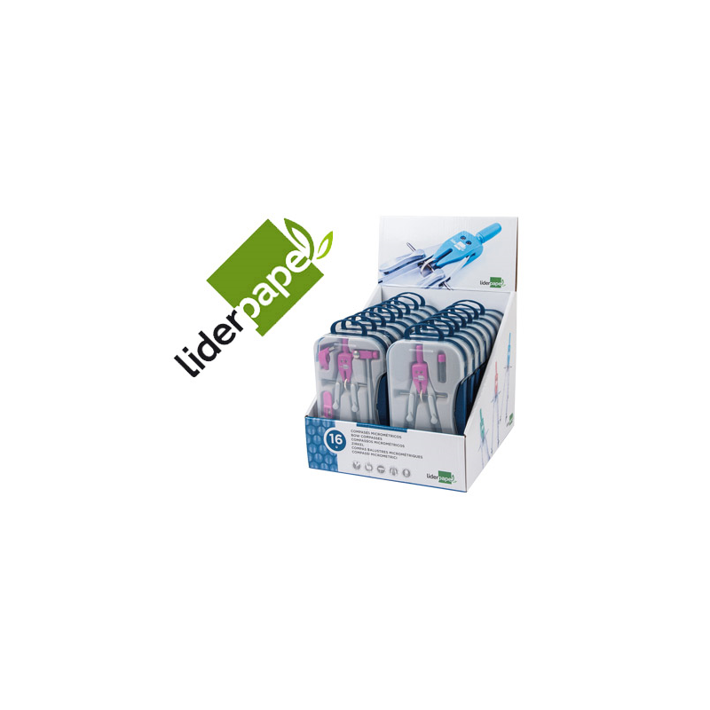 Compas liderpapel con adapatador alargadera y mango extra soft expositor de 16 estuches 2 modelos