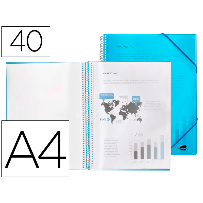 Carpeta liderpapel escaparate con espiral 40 fundas polipropileno din a4 azul