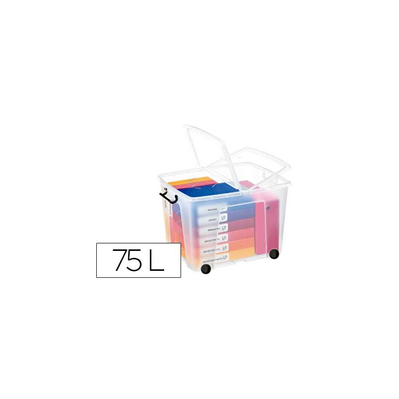 Contenedor plastico cep 75 litros 485x600x415 mm transparente con tapa cierre hermetico y 4 ruedas