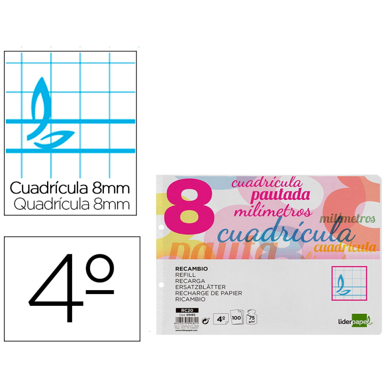 Recambio liderpapel cuarto apaisado pautaguia 100 hojas 75gr cuadriculado pautado 8mm con margen 2 taladros