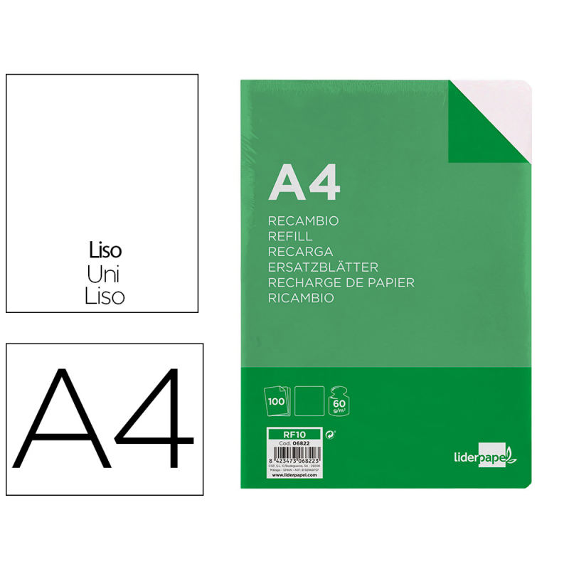 Recambio liderpapel a4 100 hojas 60gr liso sin margen 4 taladros