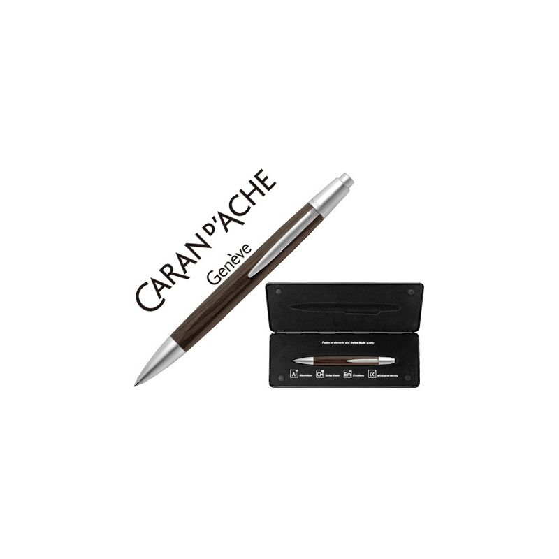 Boligrafo caran d'ache alchemix cuerpo madera wenge adornos cromados brillante con estuche punta media
