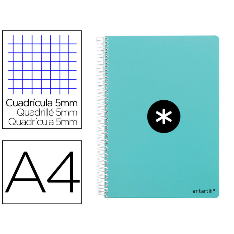 Cuaderno espiral antartik a4 micro tapa dura 80h 100 gr cuadro 5mm sin bandas 4 taladros color menta