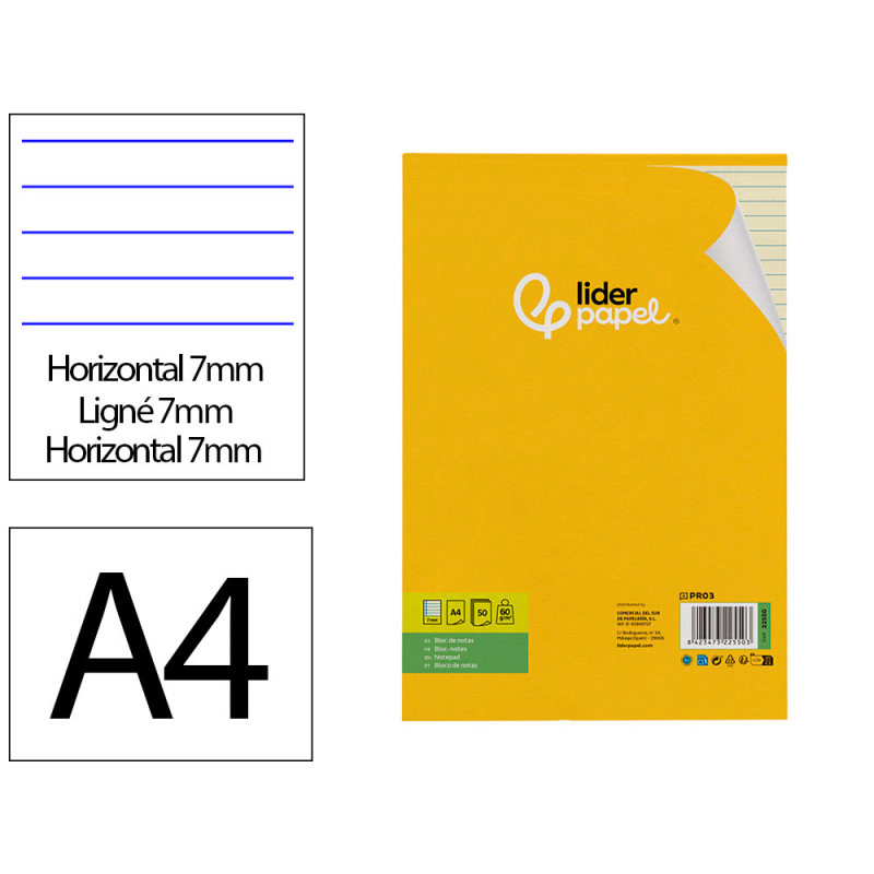 Bloc notas liderpapel encolado a4 rayado horizontal 50 hojas 80 gr color amarillo