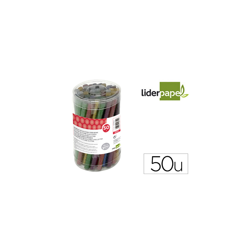 Barra termofusible purpurina liderpapel 7 mm diametro x 100 mm de alto bote 50 unidades colores surtidos