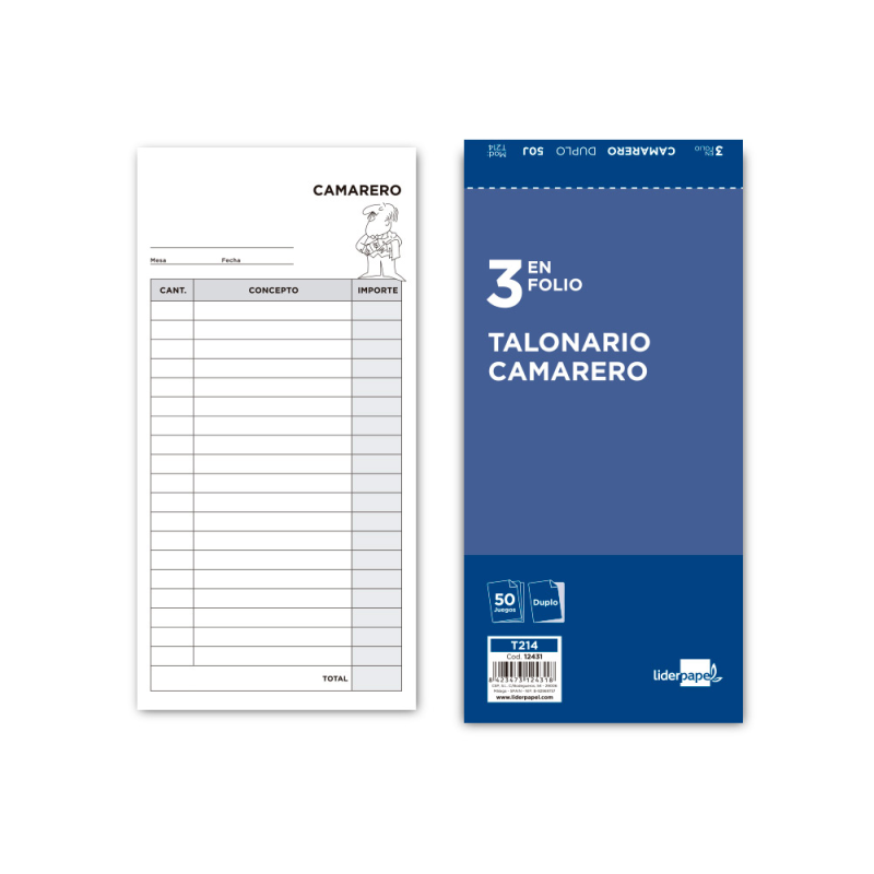 Talonario liderpapel camarero 3/fº original y copia t214