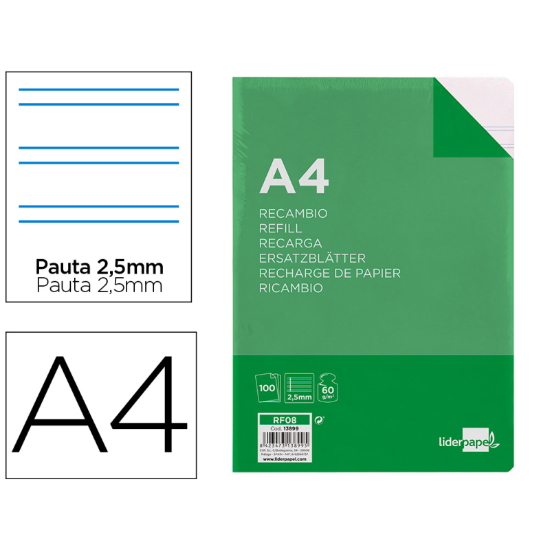 Recambio liderpapel a4 100 hojas 60gr pauta 5ª 2.5mm con margen 4 taladros