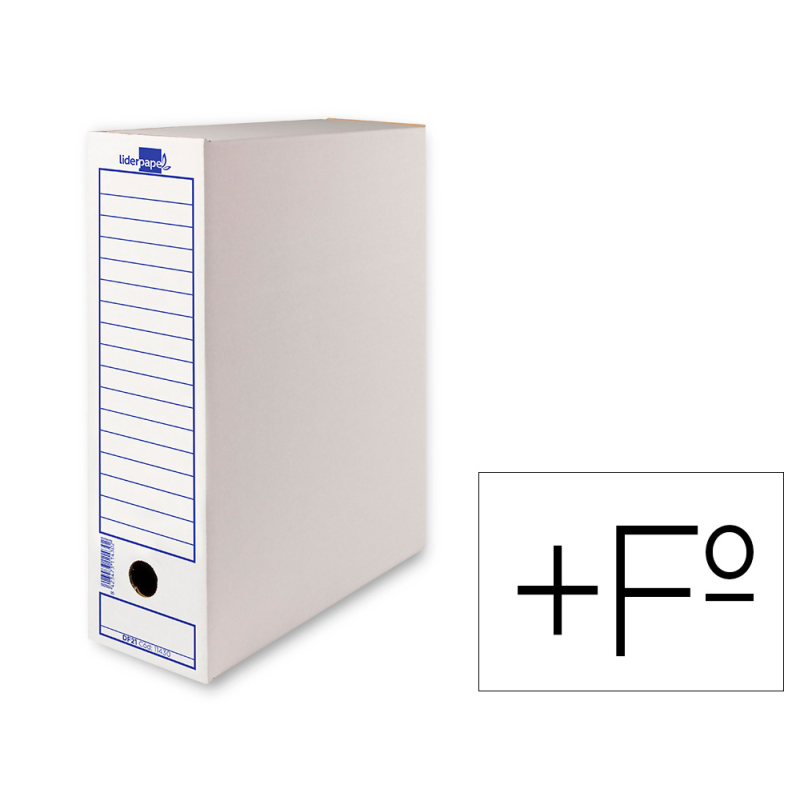 Caja archivo definitivo liderpapel folio prolongado carton reciclado 325g/m2 lomo 116 mm blanco 388x116x275 mm