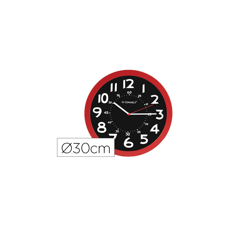 Reloj q-connect de pared plastico oficina redondo 30 cm color rojo y esfera color negro