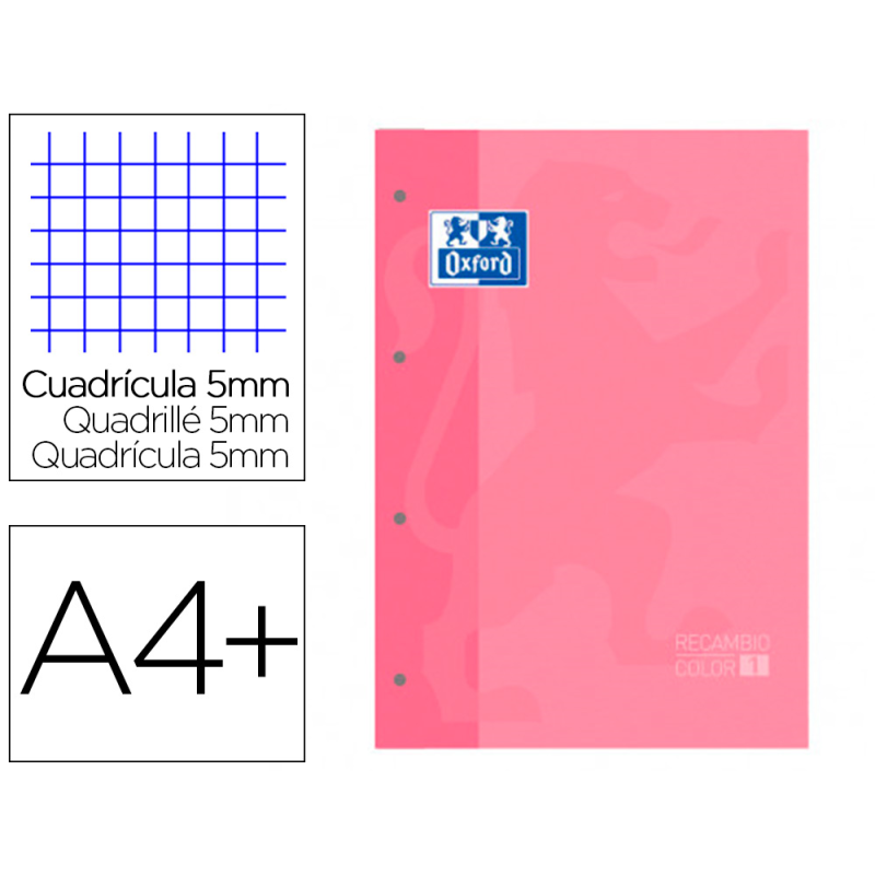 Recambio color 1 oxford din a4+ 80 hojas 90 gr cuadro 5 mm 4 taladros color rosa chicle