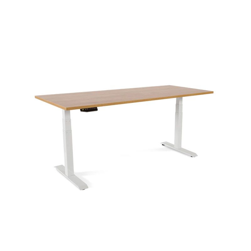 Mesa rocada regulable en altura electricamente hasta 129 cm estructura de acero tablero 180 cm color roble