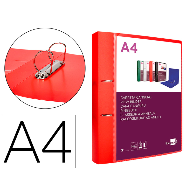 Carpeta liderpapel canguro 2 anillas 40 mm mixtas polipropileno din a4 rojo translucido