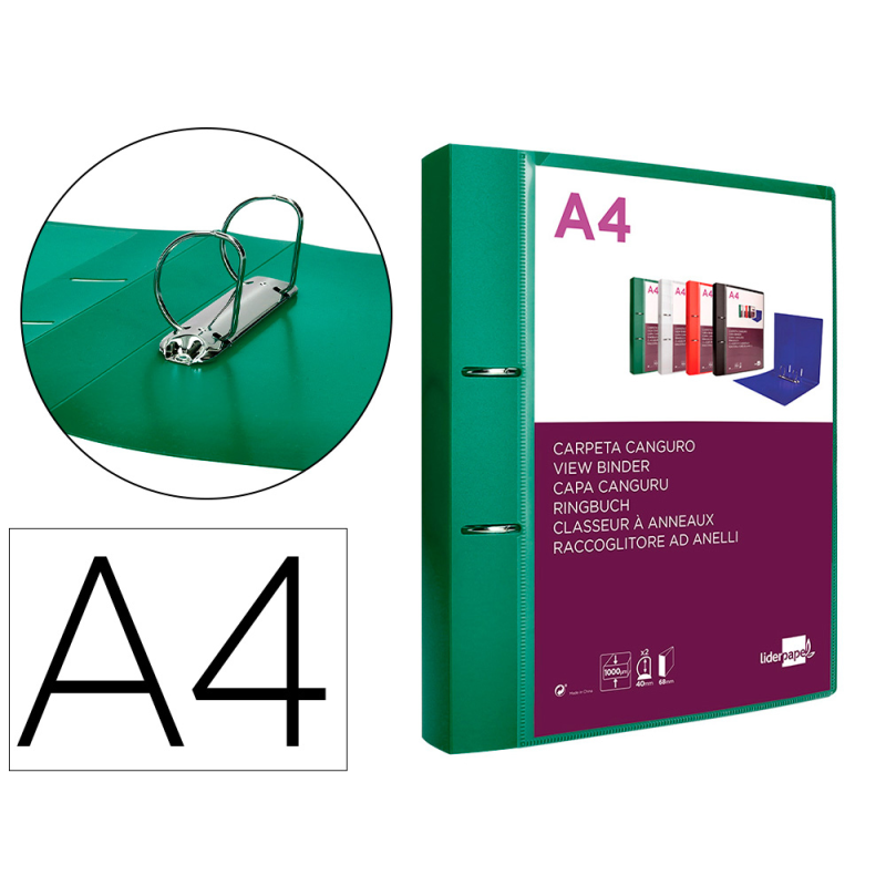 Carpeta liderpapel canguro 2 anillas 40 mm mixtas polipropileno din a4 verde translucido