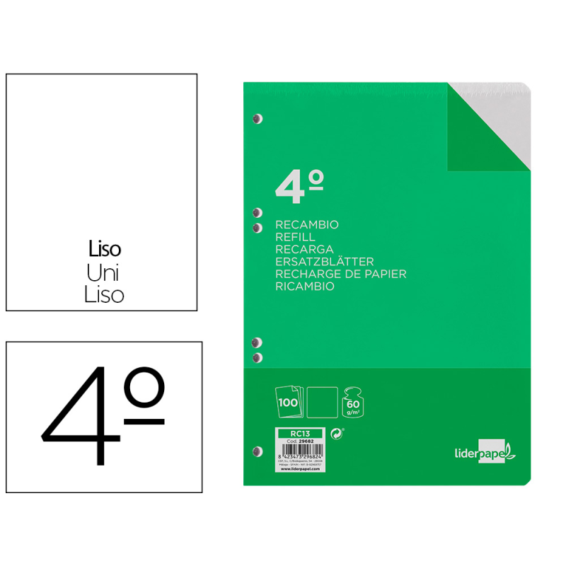 Recambio liderpapel cuarto 100 hojas 60gr liso sin margen 6 taladros