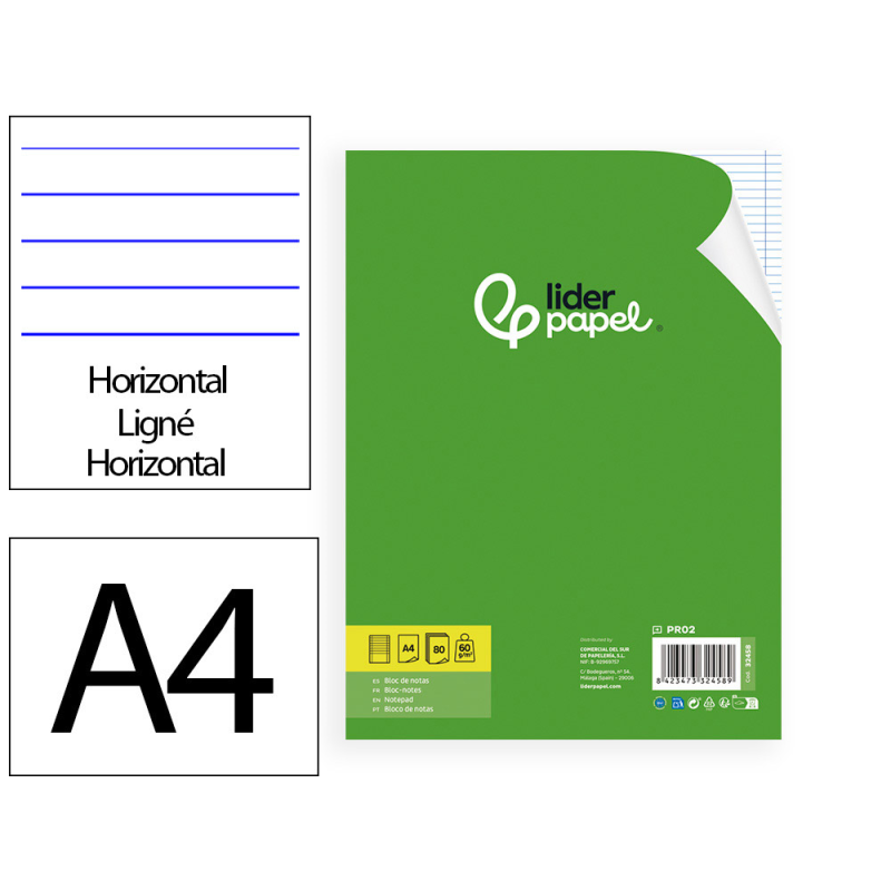 Bloc notas liderpapel horizontal a4 80 hojas 60g/m2 encolado 4 taladros doble margen azul