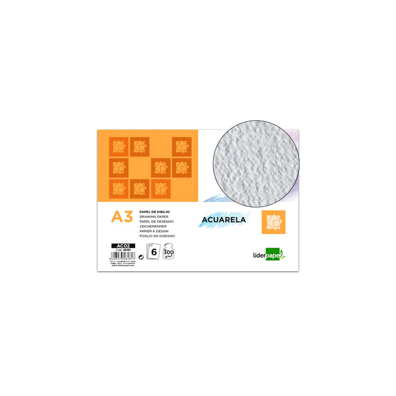 Papel dibujo liderpapel 297x420mm 300g/m2 acuarela pack de 6 hojas