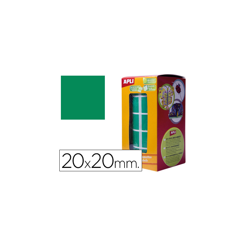 Gomets autoadhesivos cuadrados 20x20 mm verde rollo de 1770 unidades