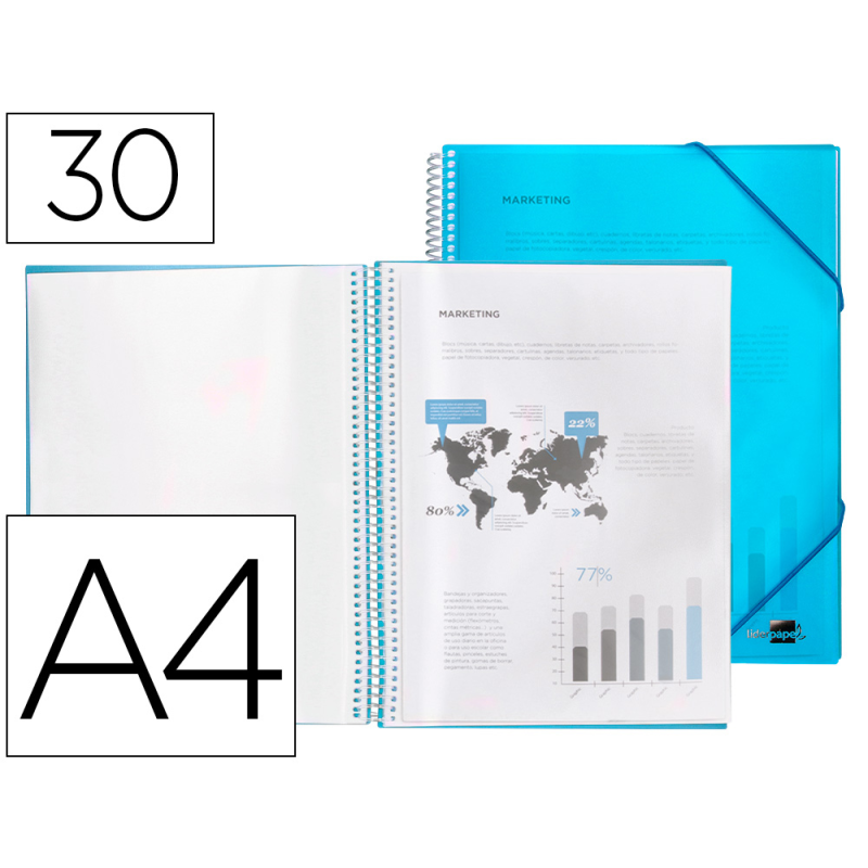 Carpeta liderpapel escaparate con espiral 30 fundas polipropileno din a4 azul